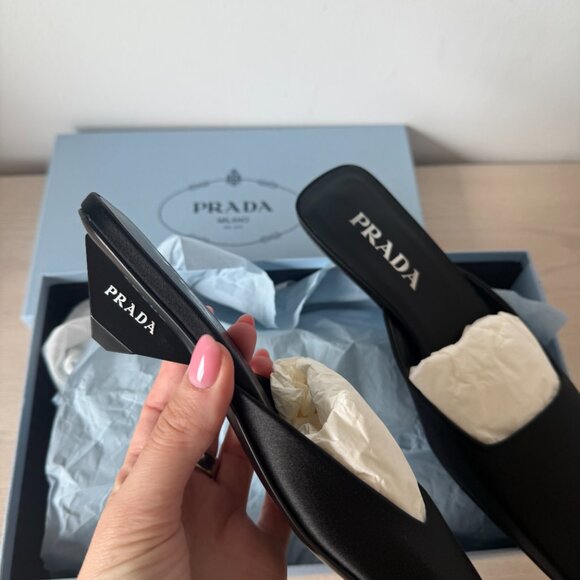 NWT Prada Slip-On Mules Black Satin Square Toe Leather Sole Triangle Heels Sz 36 - Picture 5 of 12